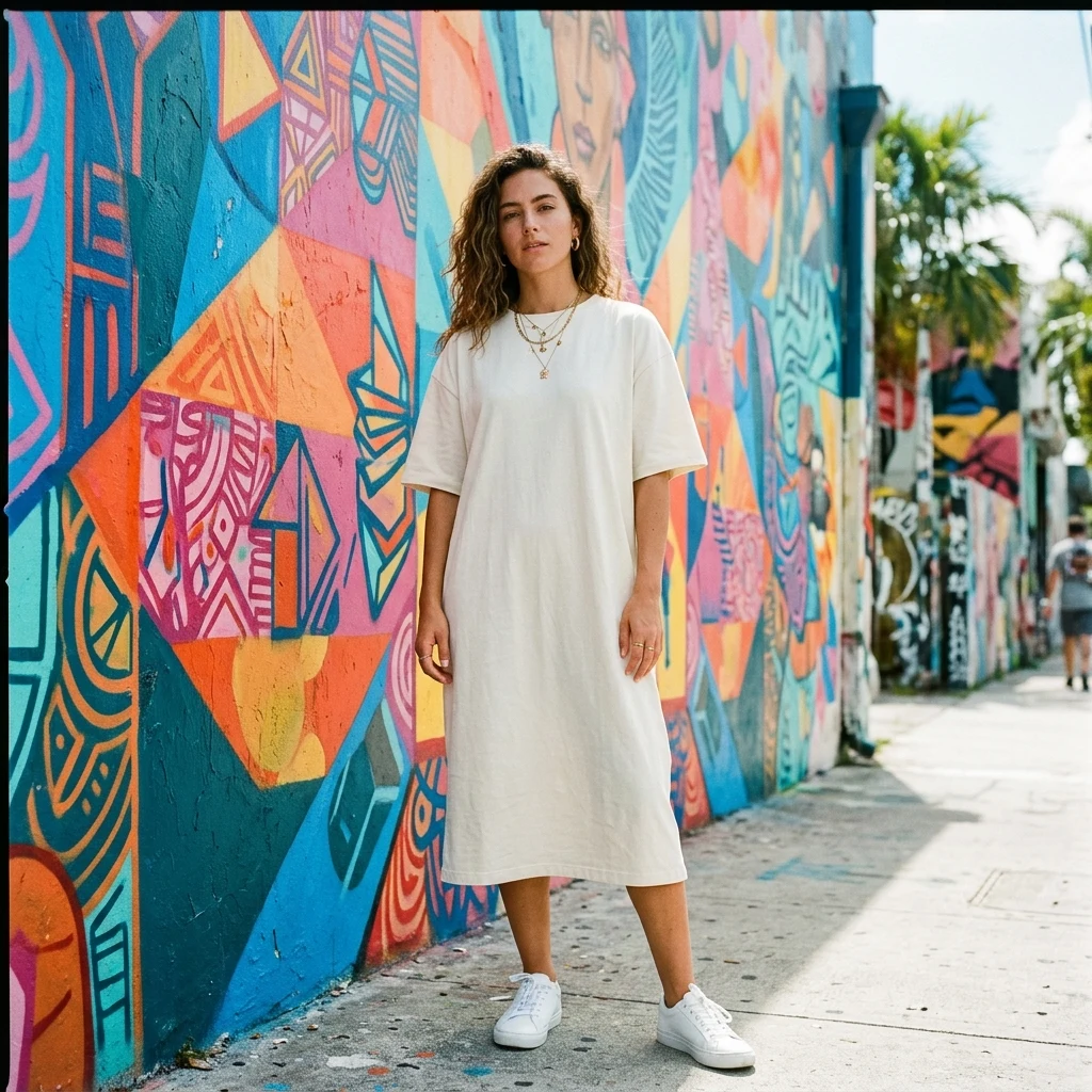 A woman in an oversized jersey dress and sneakers with layered gold chains in Wynwood
