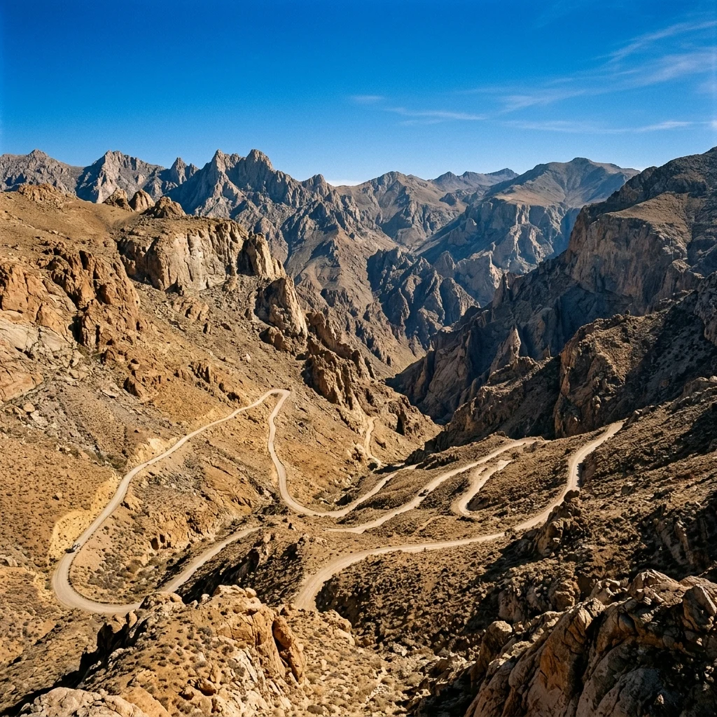 Winding road through a rugged mountain gorge