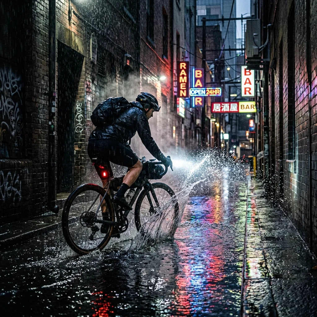 Cyclist riding through a rainy alley