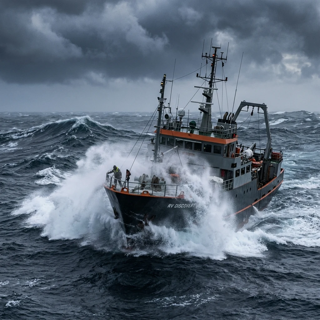 A research vessel battling massive Southern Ocean swells above the Southwest Indian Ridge