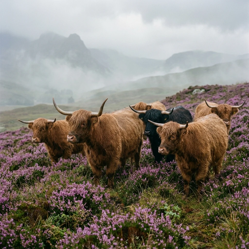 A herd of Highland cattle standing among purple heather on a misty Scottish glen hillside