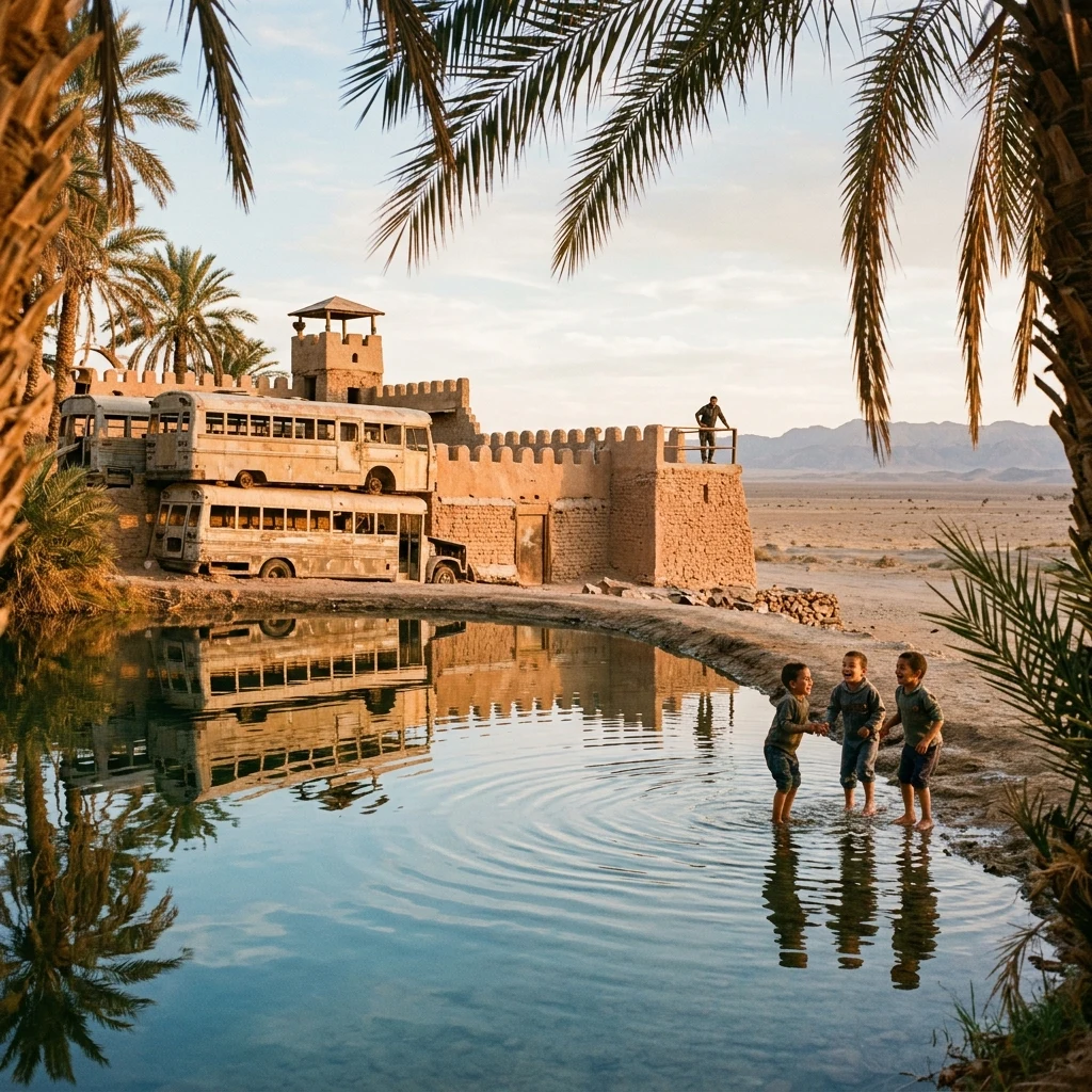 A tranquil desert oasis pond reflecting a fortified settlement built from stacked bus…