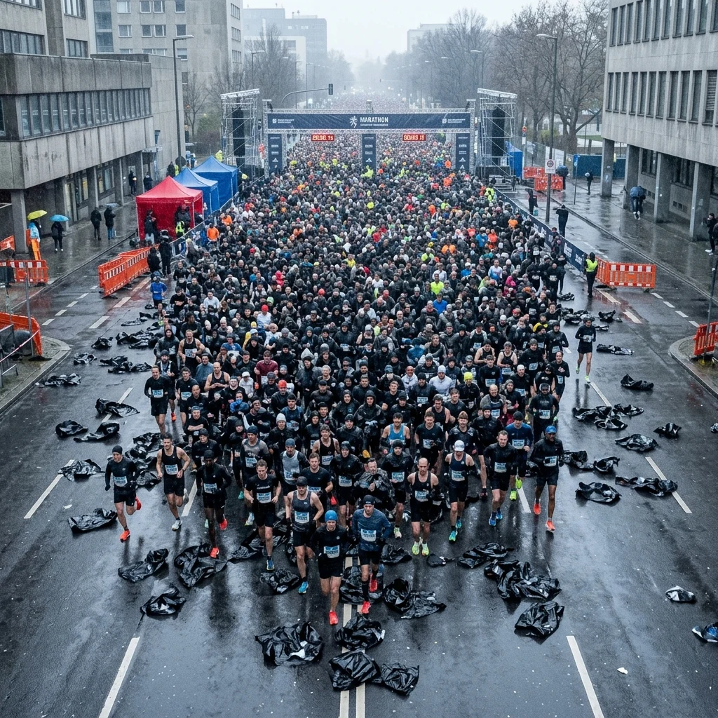 A marathon start in cold drizzle