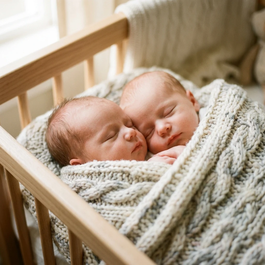 Infant twin babies sleeping wrapped in a single knitted blanket in a wooden crib