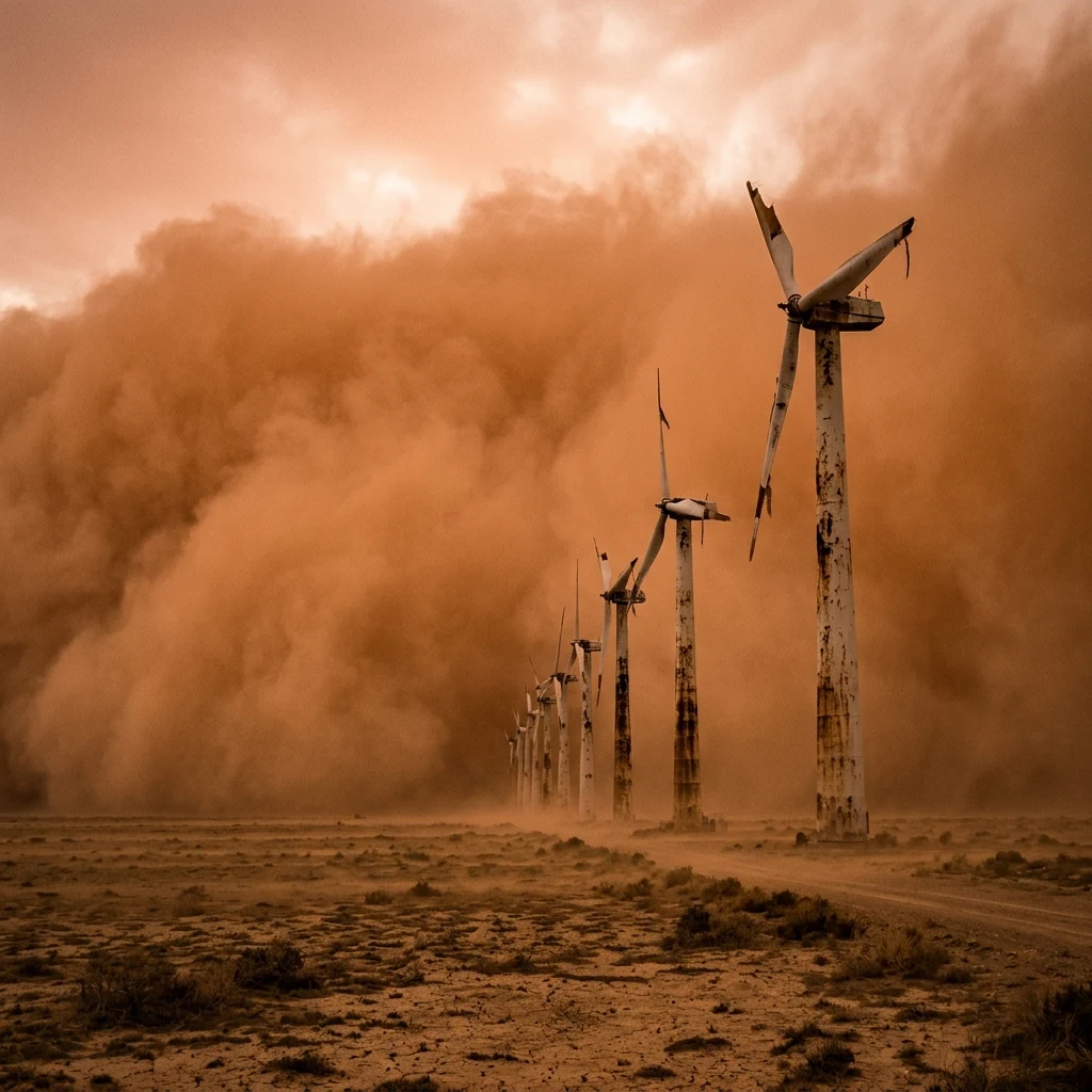 A choking dust storm rolling past a row of abandoned wind turbines