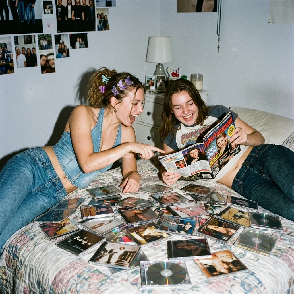 Two girls on a bedroom bed covered in CD jewel cases