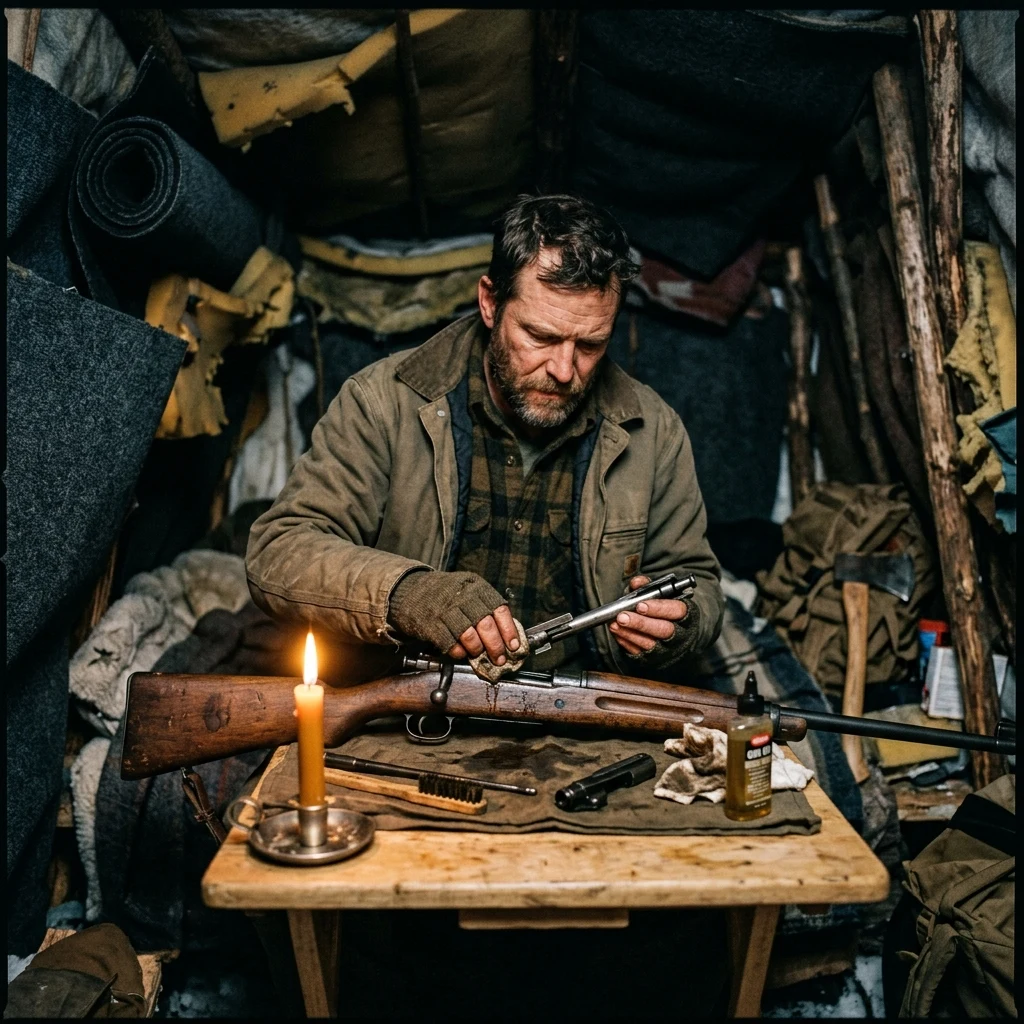 A survivor cleaning a hunting rifle inside a dark