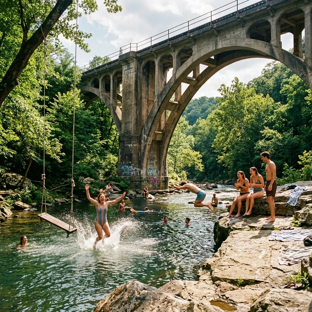 A river swimming hole under a railway bridge