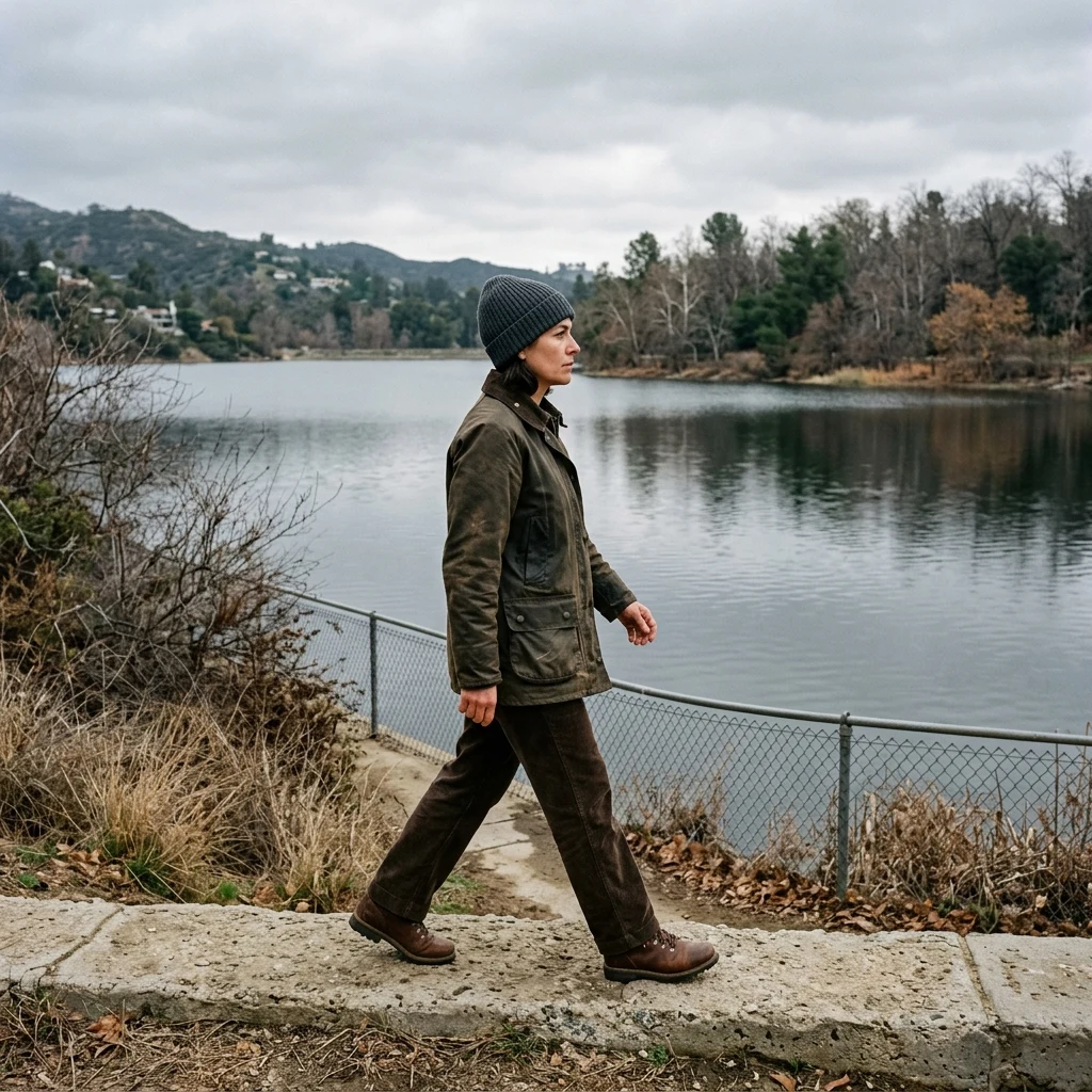 A woman in full workwear — barn coat