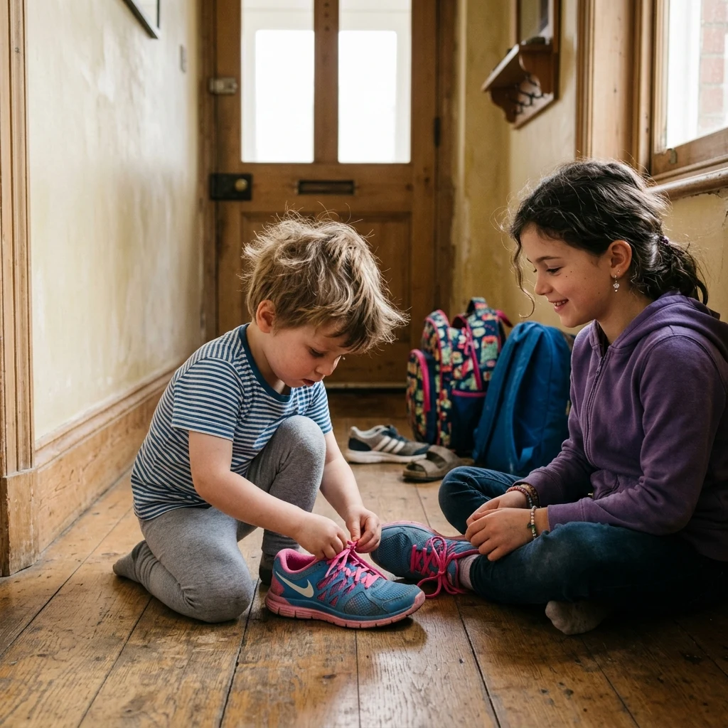 A four-year-old boy trying to tie his big sister's running shoes while she sits patiently…