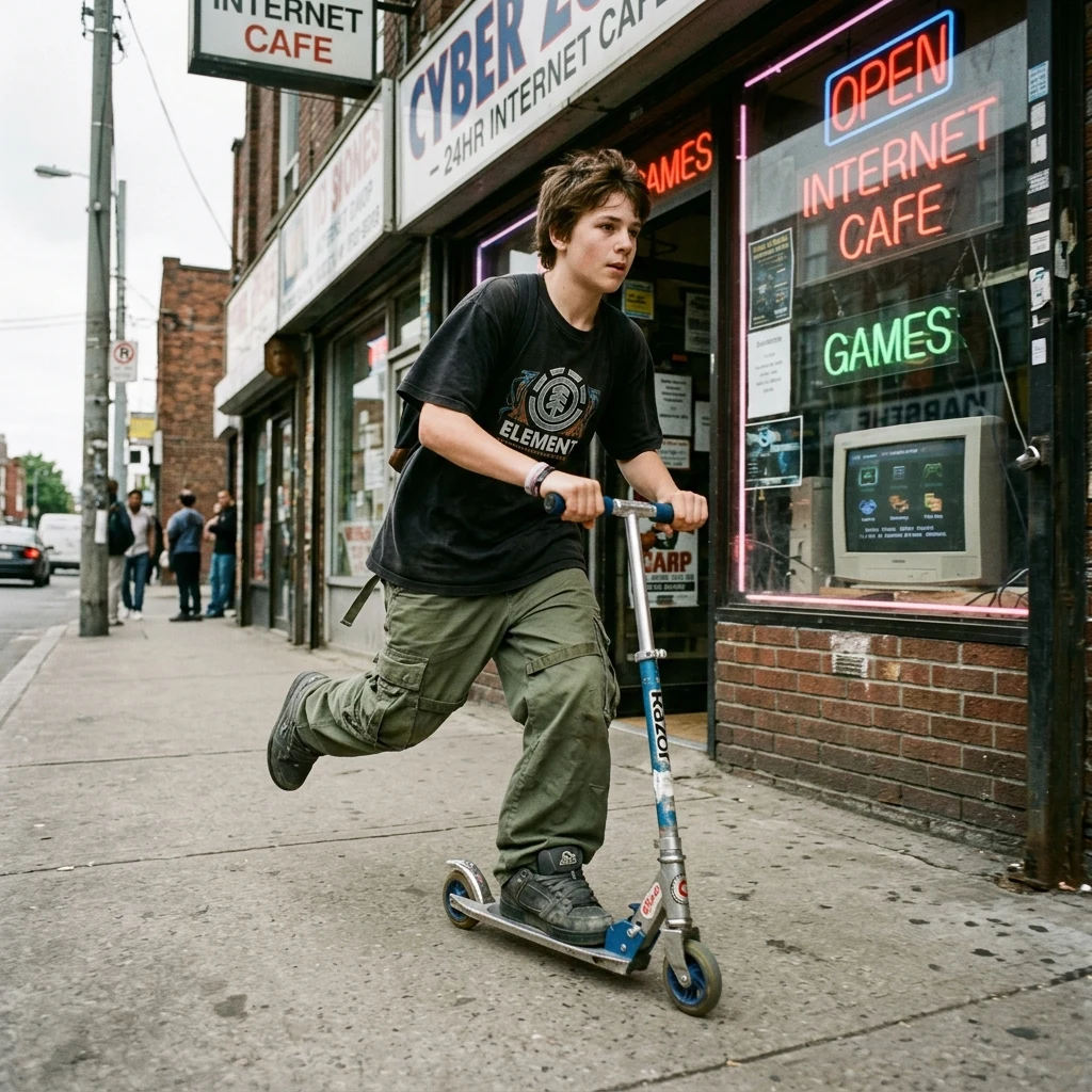 A teenage boy in an oversized skate-brand graphic tee
