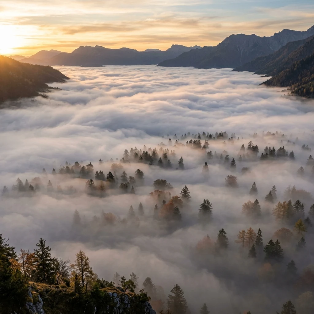 Valley fog at sunrise seen from above