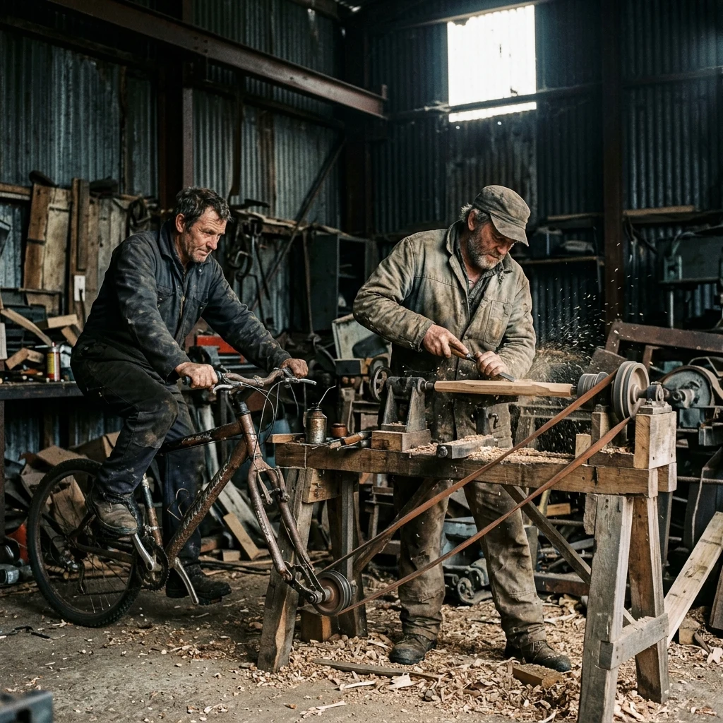 A group of survivors using a pedal-powered mountain bike rig mounted on an old workbench…