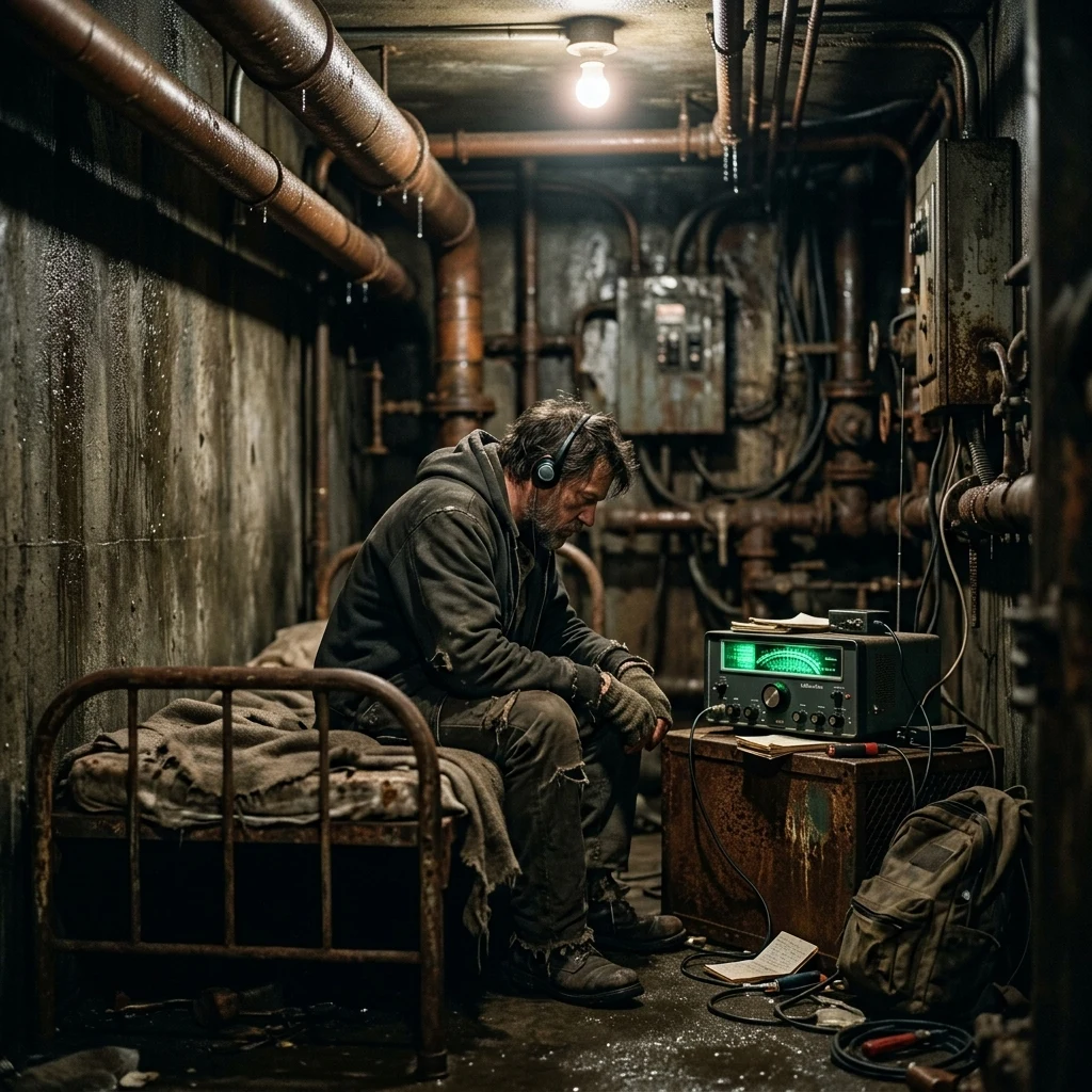 A lone survivor sitting on a iron cot inside a converted subway maintenance room