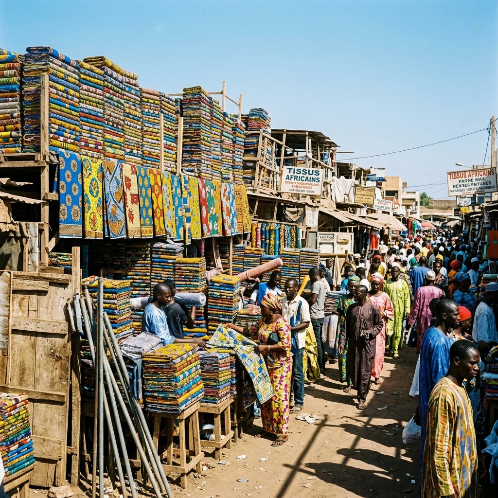 Vibrant fabric market under the midday sun
