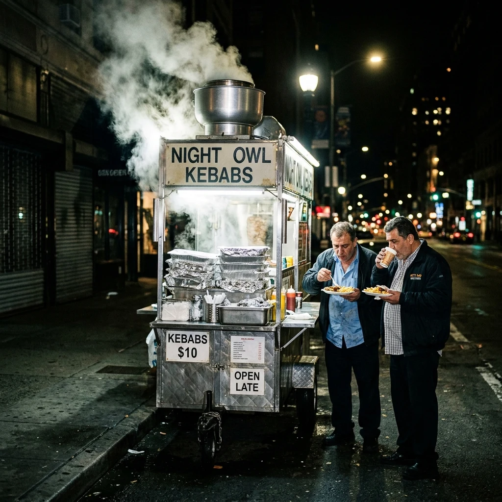 A 3 a.m. food cart with cab drivers eating standing up