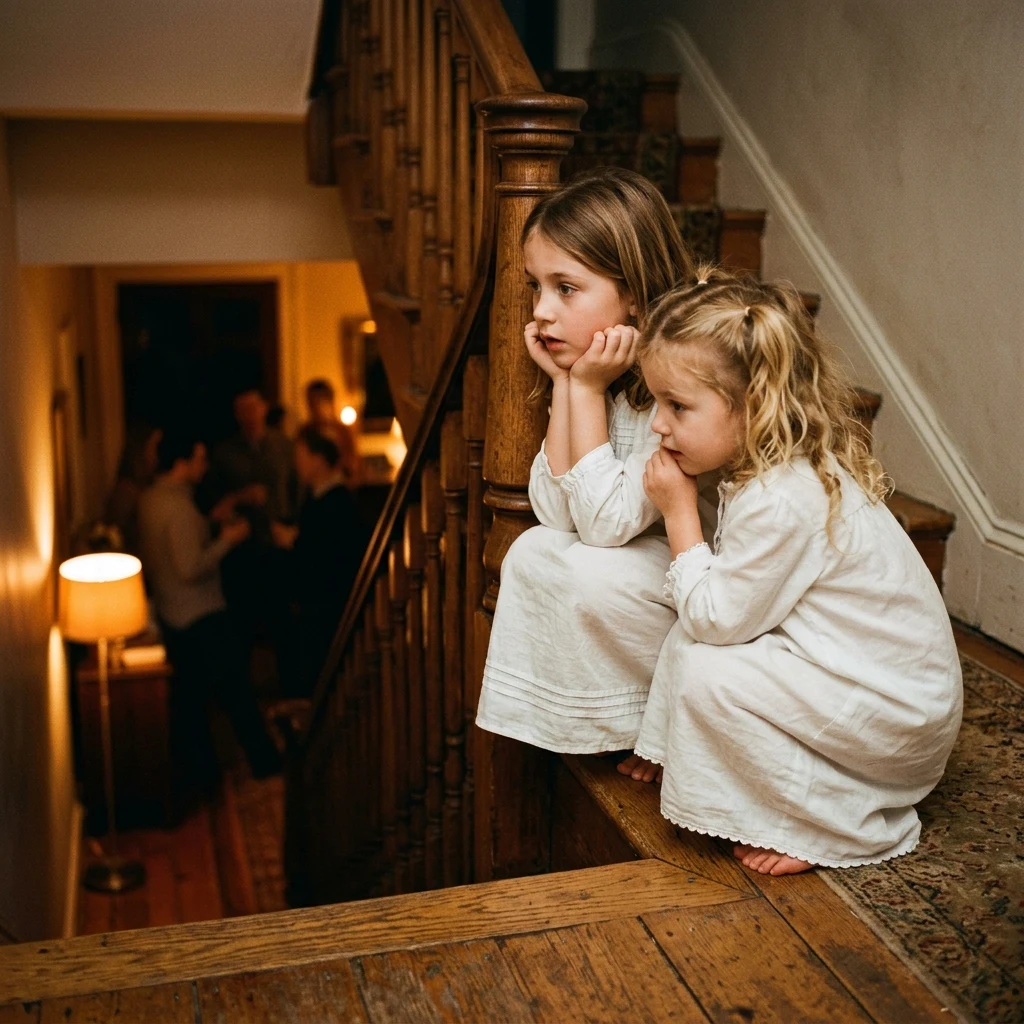 Two young sisters in matching cotton nightgowns sitting at the top of a wooden staircase…