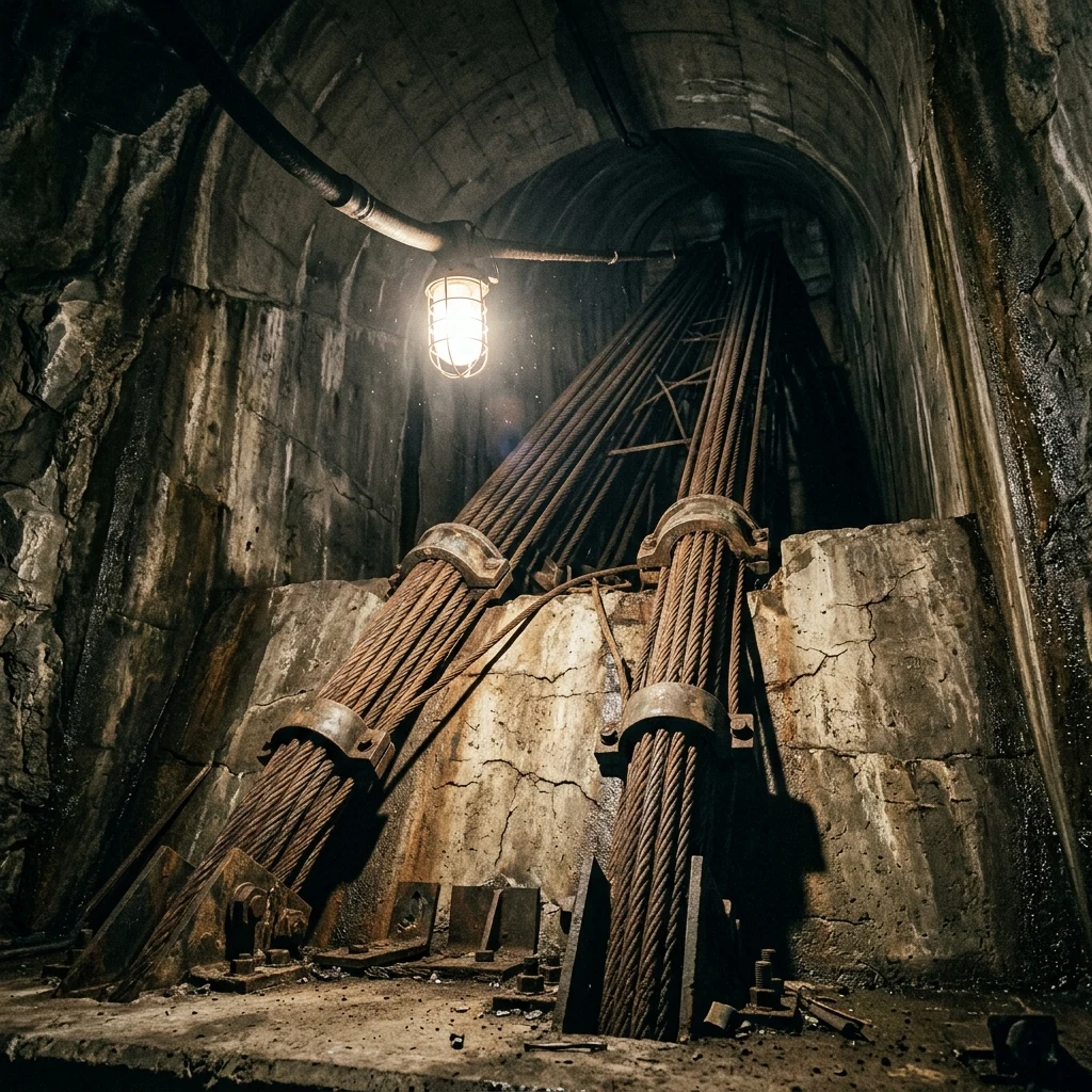 A suspension bridge anchorage vault deep underground