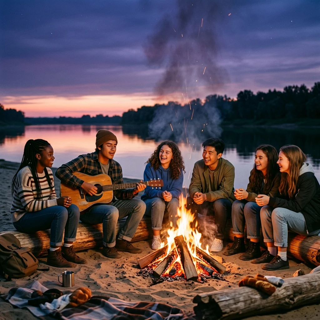 A summer evening bonfire on a river beach along the Desna River