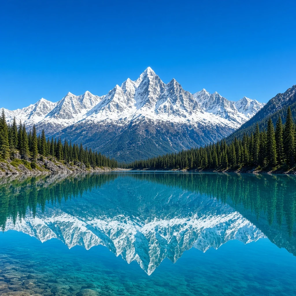 National Geographic style landscape shot of a crystal-clear turquoise alpine lake in the…