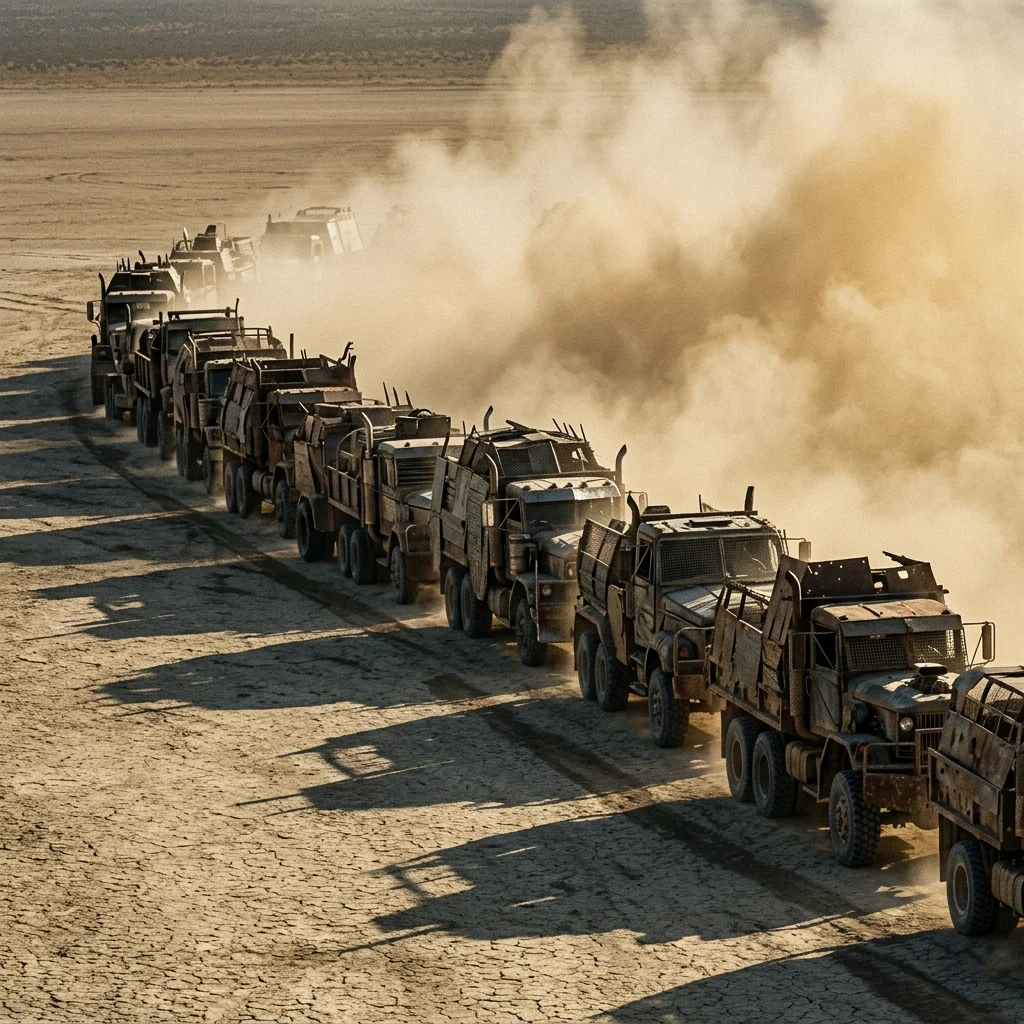 Convoy of salvaged trucks on a dry lakebed