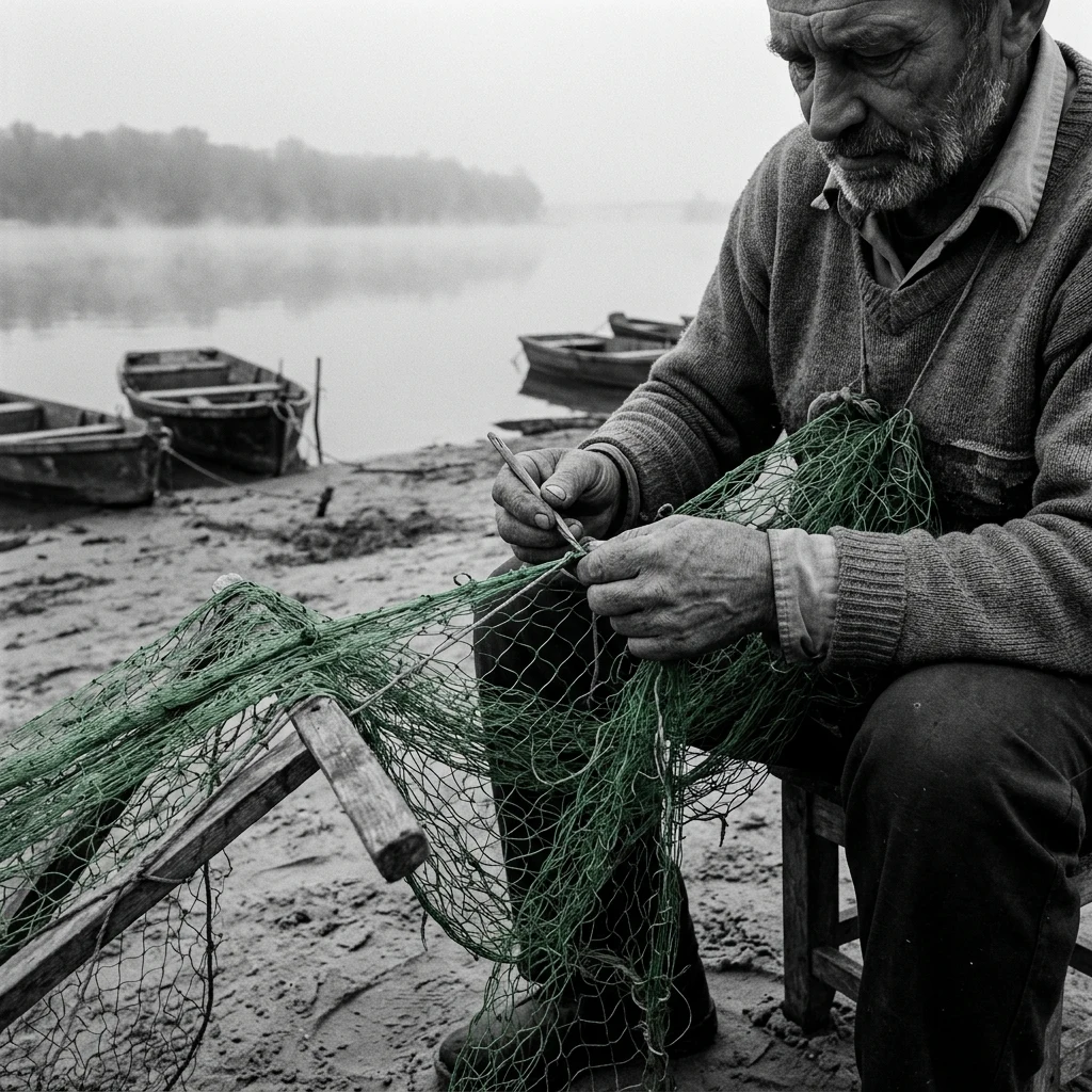 A local fisherman in his fifties repairing green nylon nets on the sandy shore of the…