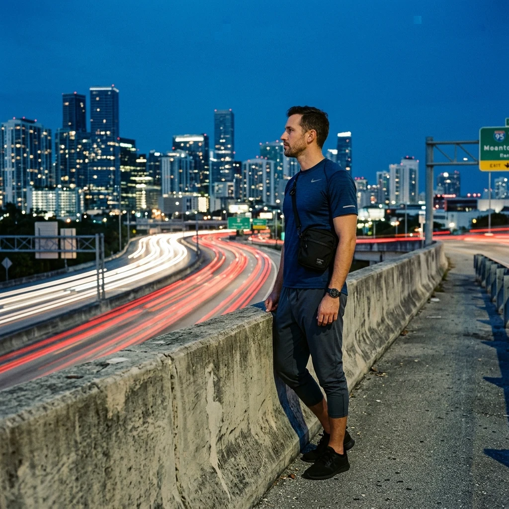 Cyclist watching city traffic at twilight