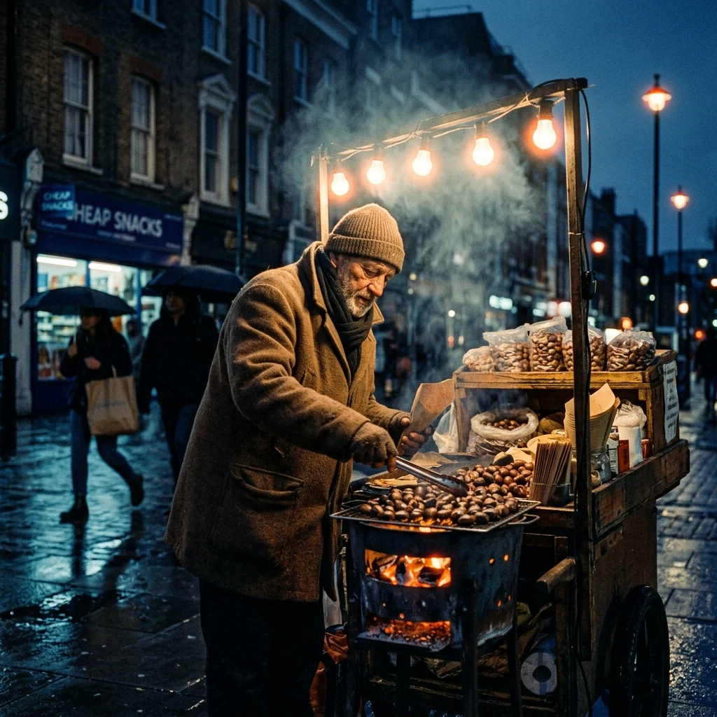 A chestnut vendor at a city corner in December