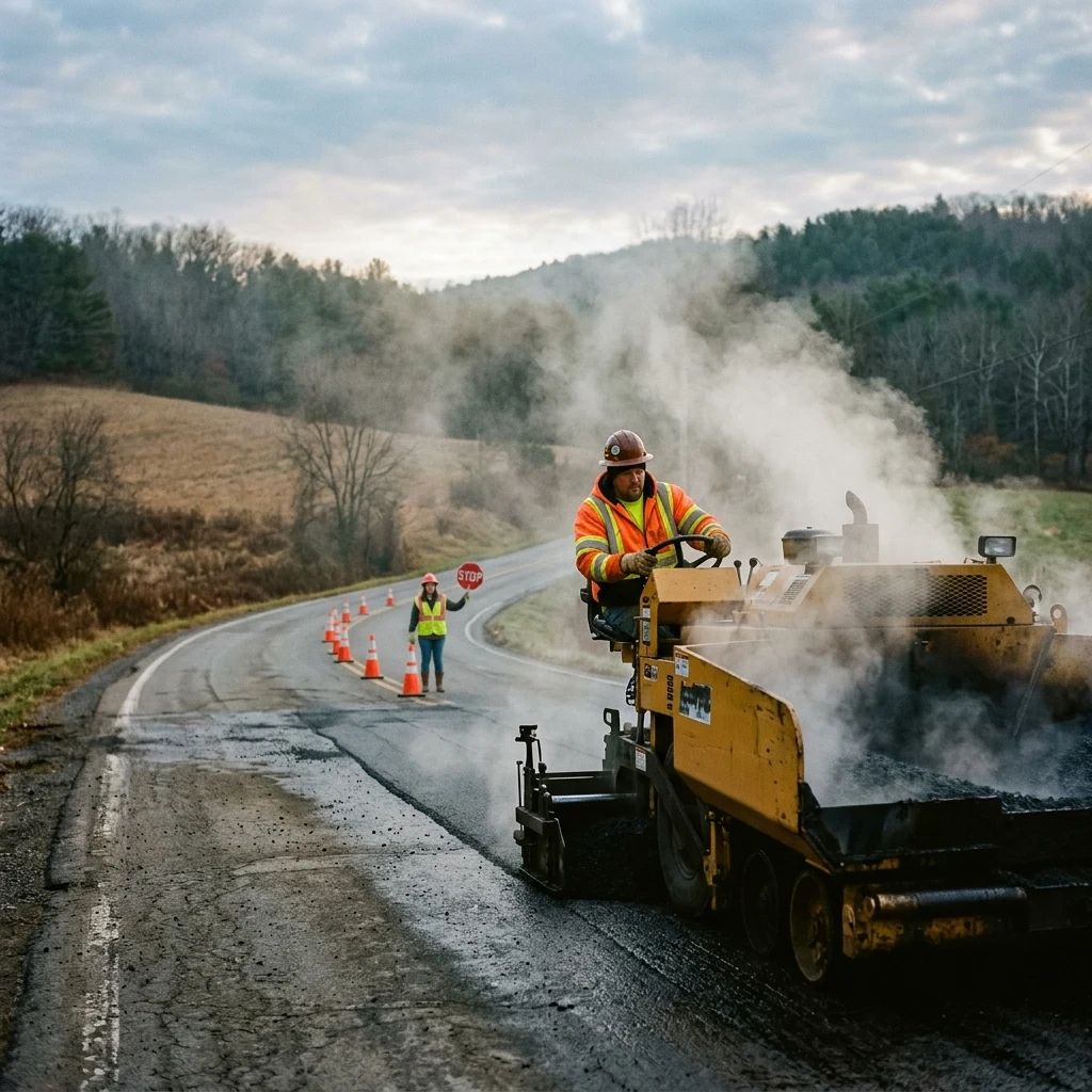 Road crew paving a highway at dawn