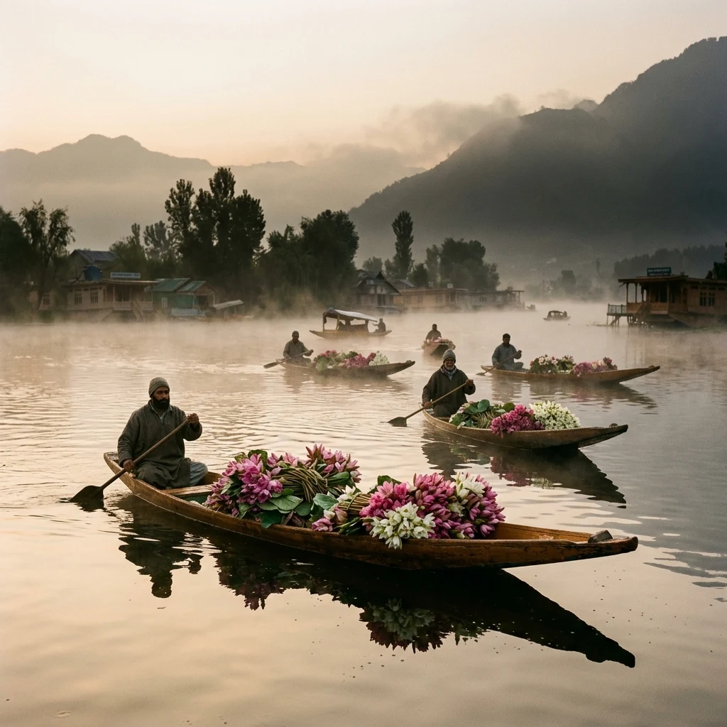 A floating flower market in Srinagar on Dal Lake at sunrise
