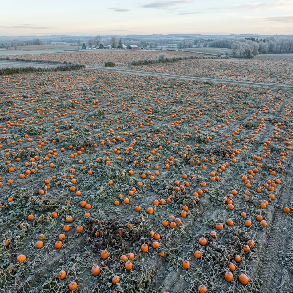 A pumpkin field after first frost photographed straight down from a drone