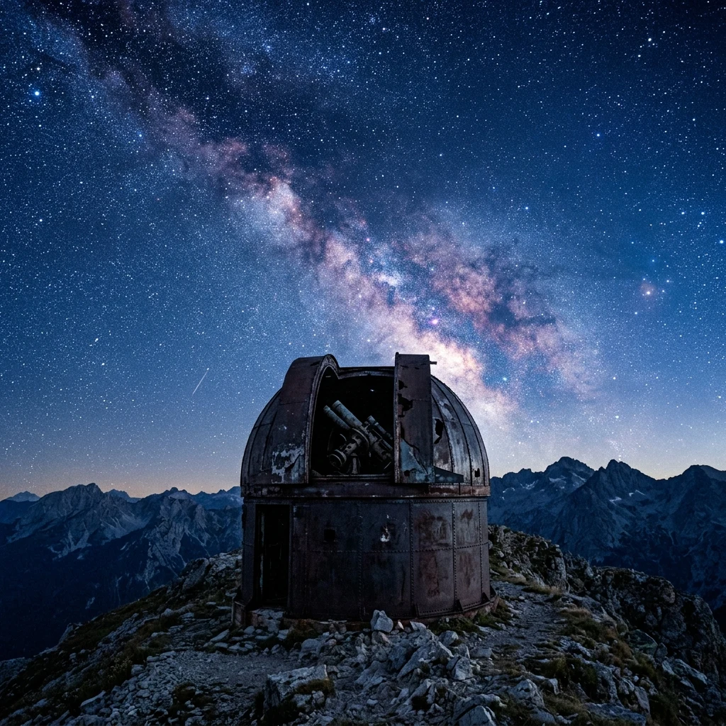 A long-exposure 4x5 large-format photograph of a derelict mountaintop observatory at blue…