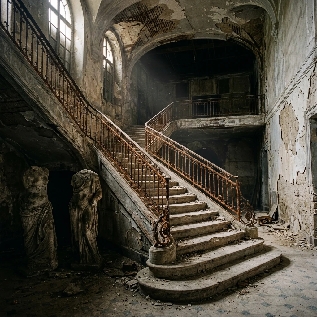 Sunlight streaming into a crumbling grand hall