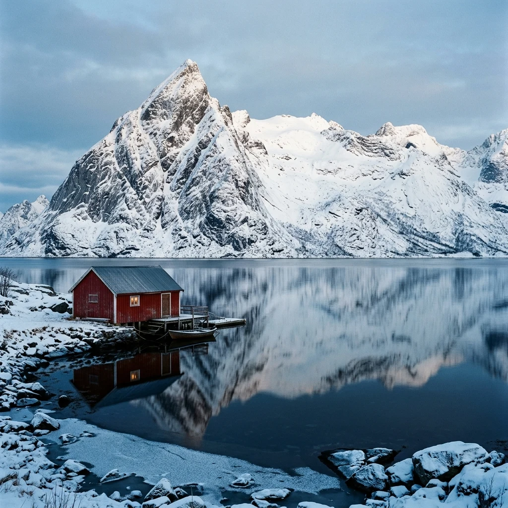 A small red wooden cabin sitting at the base of the towering