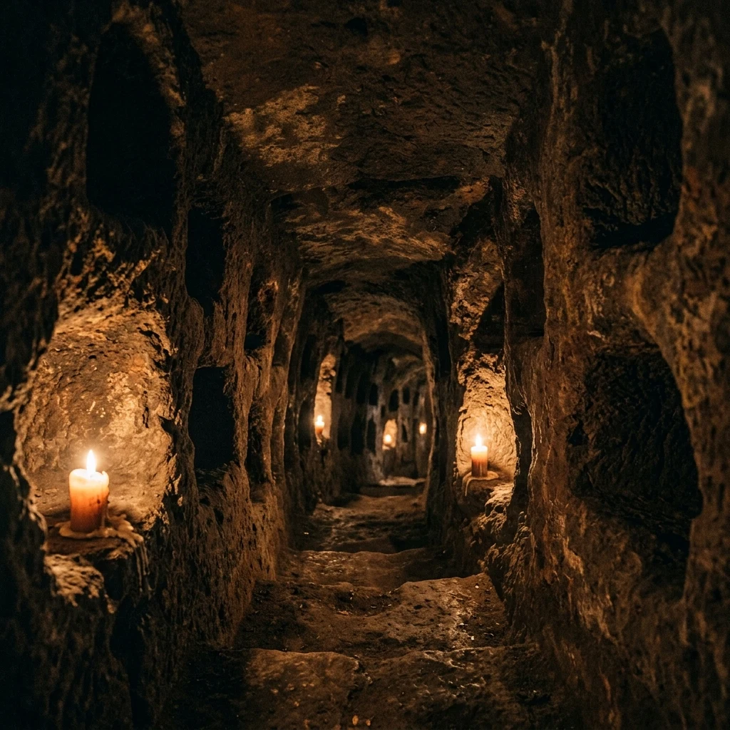 An ancient subterranean catacomb carved from volcanic tuff rock