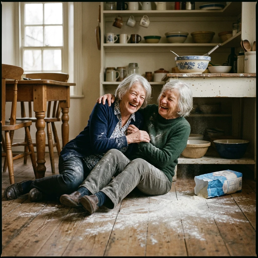 Identical twin sisters in their seventies laughing uncontrollably on a kitchen floor…