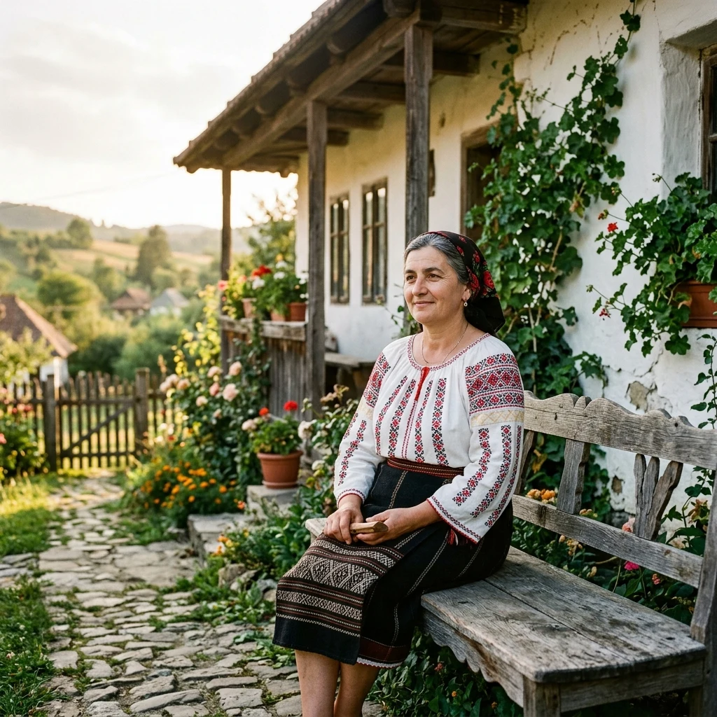 A Romanian woman in a hand-embroidered ia linen blouse with red intricate cross-stitching…