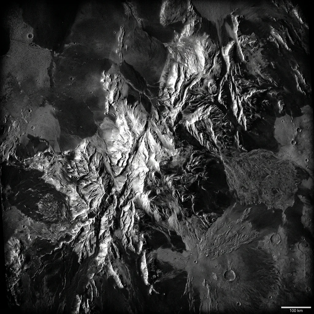 A high-contrast radar imagery render of Maxwell Montes on Venus
