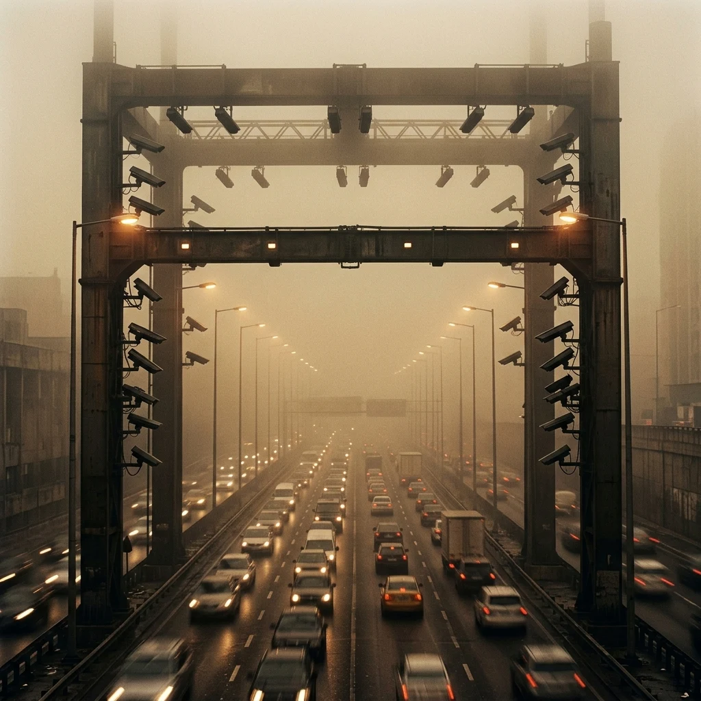 A biometric checkpoint gantry over an eight-lane arterial road