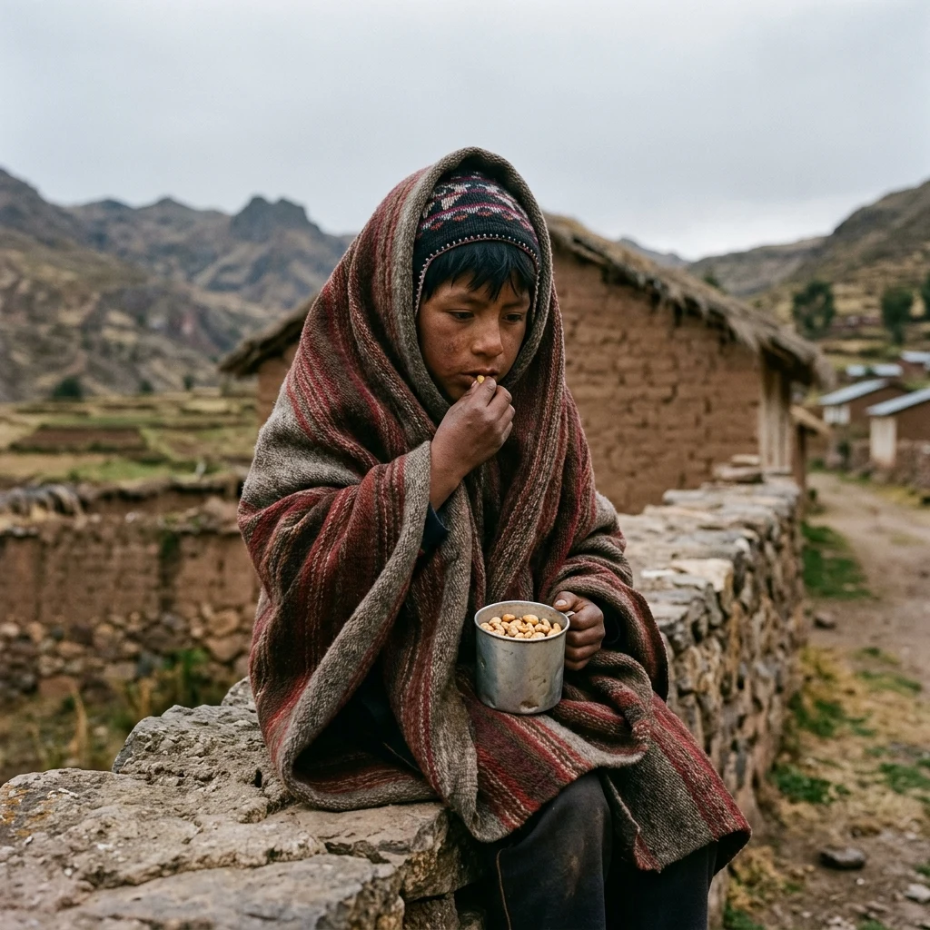 A young Andean boy wrapped in an oversized hand-spun blanket sitting on a stone wall
