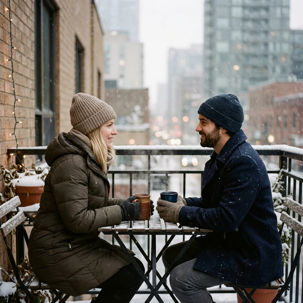 Friends sharing warm drinks in the snow