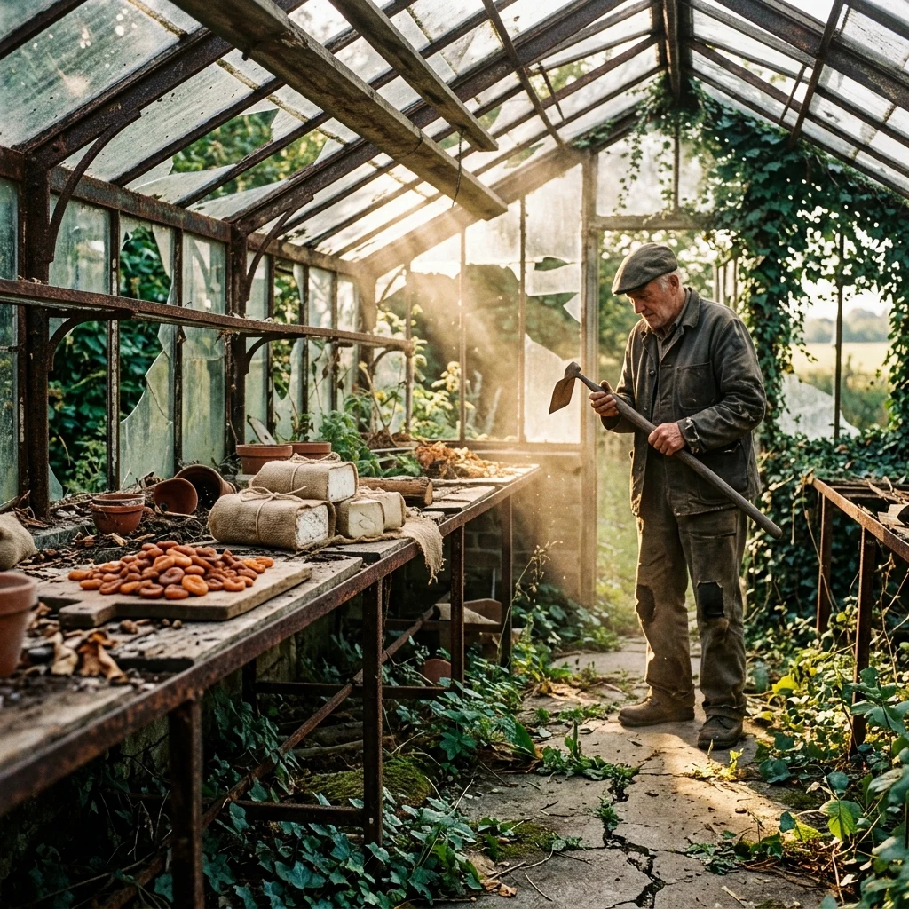 A post-apocalyptic agrarian market inside a ruined glass greenhouse