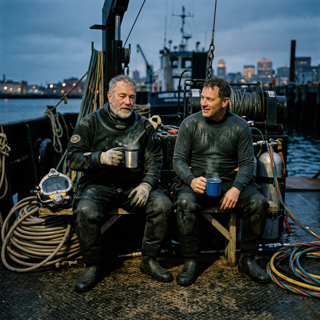 A commercial dive crew on the deck of a harbor support boat at dawn
