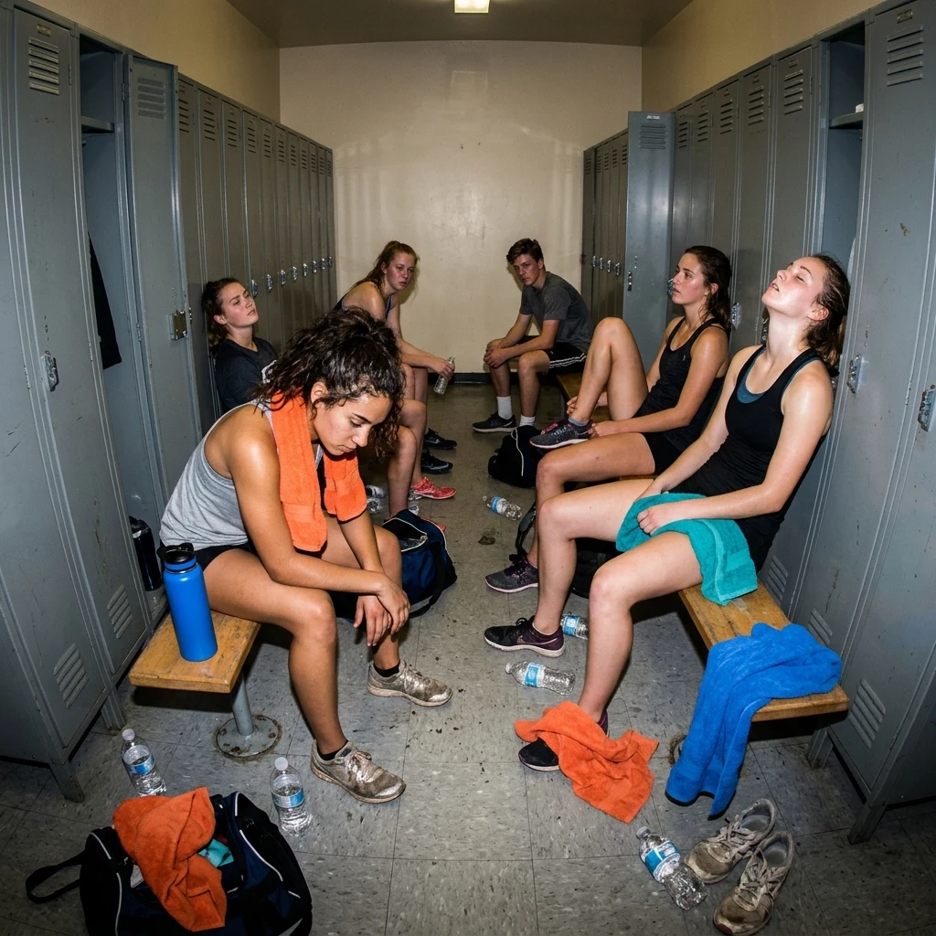 Athletes resting in a locker room