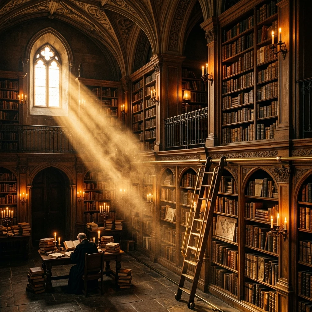 A candlelit reading room in a centuries-old library
