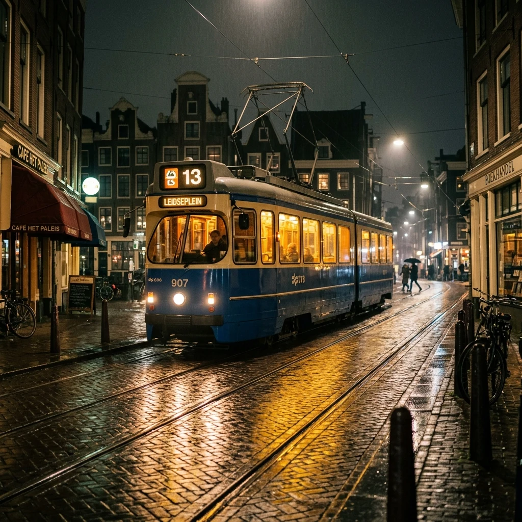 A late-night tram gliding along rain-slicked tracks in Amsterdam