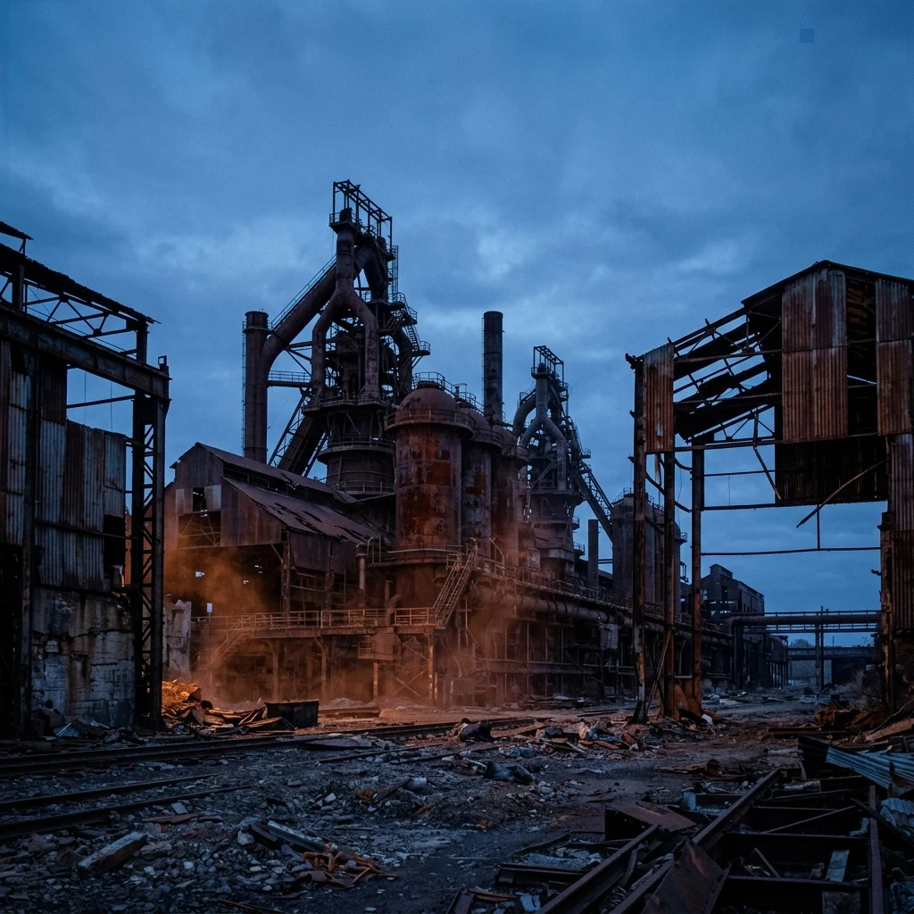 A massive abandoned steel mill at blue hour