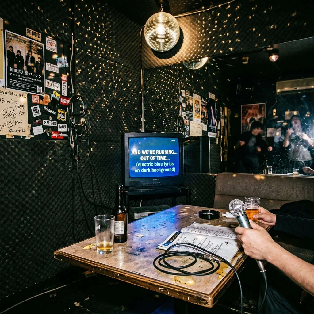 A private karaoke room photographed on flash