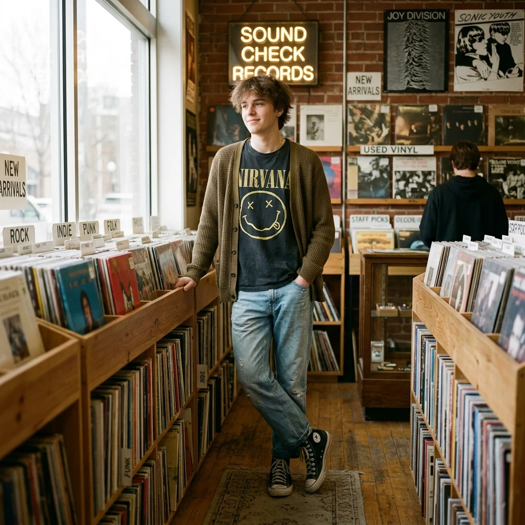 Browsing records in a cozy shop