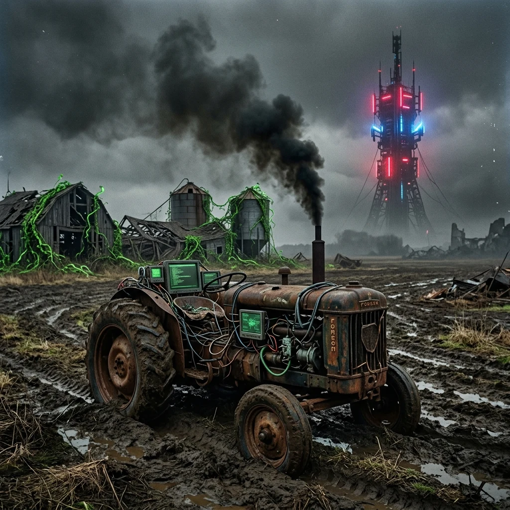 Rusty tractor in a muddy field